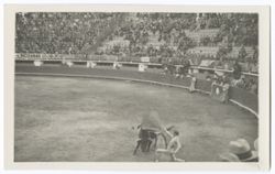 Item 35. Scene at bullfight, with matador on one knee as bull charges, lower center.
