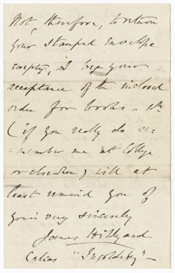 1881 Sept. 30 - Hildyard, James, 1809-1887, classical scholar. Ingoldsby. To "Dear Sir." "I am sorry to say I cannot help you to such a work as you name. Tillotson is very diffuse on the subject, but his works have long ceased to be printed in a separate form."