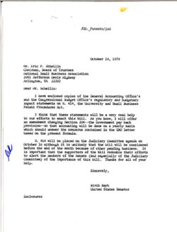 Letter from Birch Bayh to Eric P. Schellin of the National Small Business Association to Birch Bayh, October 19, 1979