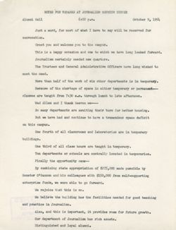 "Notes for Remarks Journalism Reunion Dinner." -Alumni Hall October 9, 1954