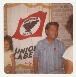 Cesar Chavez wearing United Farm Worker pins