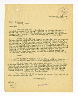 29 December 1922: To: George B. Parker. From: Charles F. Mosher.