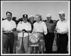 Hoagy Carmichael with five unidentified men on a golf course.