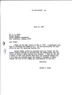Letter from Joseph P. Allen to R. L. Davis of the Purdue Research Foundation, July 12, 1979