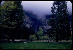 Yosemite falls (middle and lowest top fall under cloud) from across the valley.