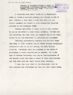 "Statement to State Journalism Conference" -read by Dean Stout, Indiana University Nov. 11, 1938