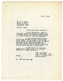 13 May 1927: To: J.P. James. From: Myron G. Chambers.