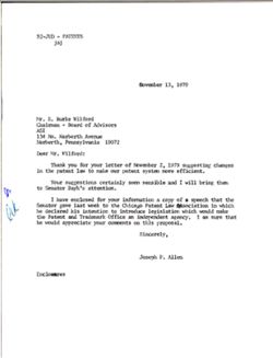 Letter from Joseph P. Allen to E. Burke Wilford of The American Society of Inventors, November 13, 1979