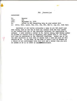 Memo from Joe to Senator re Letter to HEW requesting help on your patent bill, September 10, 1979