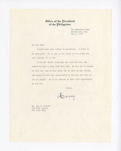 5 May 1943: To: Roy W. Howard. From: Honorable Manuel Quezon.