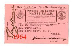 Membership card for the Freemasons' Mystic Tie Lodge no. 398