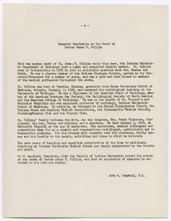 Memorial Resolution for James N. Collins, ca. 01 December 1959