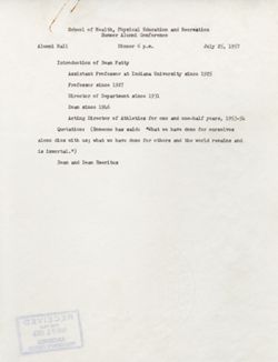"Notes for Remarks School of Health, Physical Education and Recreation Summer Alumni Conference." -Alumni Hall July 25, 1957