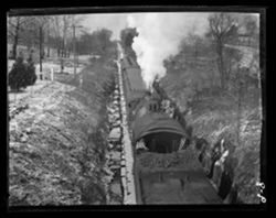 Pennsylvania train on cut at Madison, above bridge