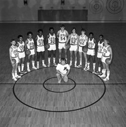 IU South Bend men's basketball group photo with coach, 1971-10-28