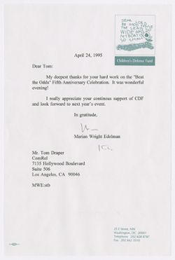 From Children's Defence Fund regarding participation in anniversary celebration, April 24, 1995.