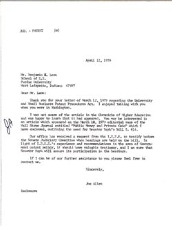 Letter from Joe Allen to Benjamin J. Leon of Purdue University, April 12, 1979
