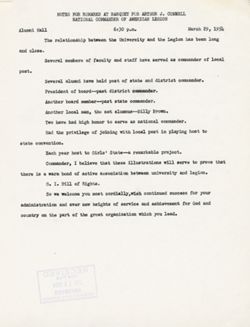 "Notes for Remarks Connell, Arthur J. Banquet." -Alumni Hall March 29, 1954