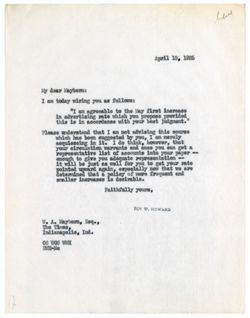 13 April 1925: To: W.A. Mayborn. From: Roy W. Howard.