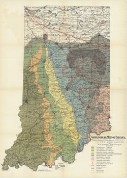 Geological map of Indiana showing locations of stone quarries and natural gas and oil areas to accompany 18th annual report
