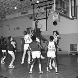 IU South Bend men's basketball player defending ball, 1971-10-28