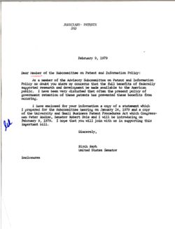 Letter from Birch Bayh to Dear Member of the Subcommittee on Patent and Information Policy, February 9, 1979