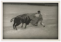 Item 0126. Liceaga in the arena, making a pass to his right with his cape, a bull charging him. Portion of arena fence and a few spectators visible in background.