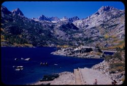 View SSW across Sabrina lake in high Sierra, S.W. of Bishop, Inyo county. California.