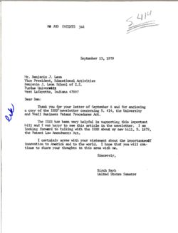 Letter from Birch Bayh to Benjamin J. Leon of Purdue University, September 13, 1979