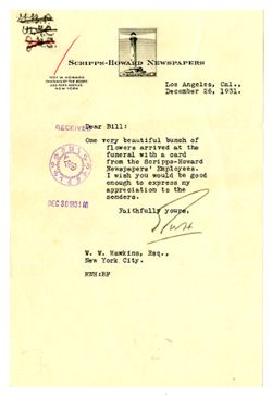 26 December 1931: To: William W. Hawkins. From: Roy W. Howard.