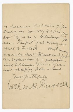 1908 Mar. 7 - Russell, William Clark, 1844-1911, novelist. 9 Sydney Place, Bath. To "Dear Sir." Deals with an article which would be about sea literature "and the original merits of certain great American sea novelists, including R.H. Dana and Herman Melville."