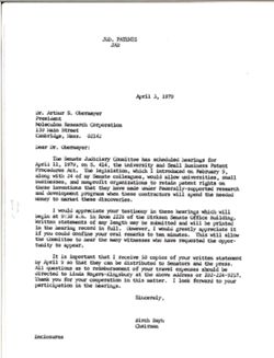 Letter from Birch Bayh to Arthur S. Obermayer of Moleculon Research Corporation, April 3, 1979