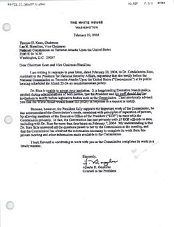 Faxed letter from Alberto R. Gonzales to Thomas H. Kean and Lee H. Hamilton, February 23, 2004