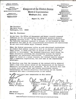 Letter from Paul Tsongas, Thomas O'Neil, Edward Jarkey, Joe Moakley, Edward Boland, and Michael Harrington to the President re cost principles for federally sponsored research programs, August 15, 1978