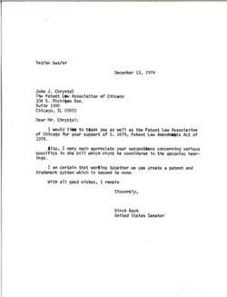 Letter from Birch Bayh to John H. Chrystal of the Patent Law Association of Chicago, December 13, 1979
