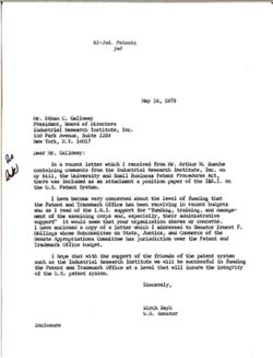 Letter from Birch Bayh to Ethan C. Galloway of Industrial Research Institute, Inc., May 18, 1979