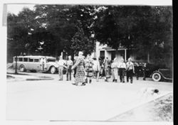 Three pictures: a) Hoagy Carmichael, holding cornet (front center), leading band in the Book Nook Commencement Parade, Bloomington, Indiana, 1928. b) Partial negative of Wolverine Orchestra in an automobile. c) Bix Beiderbecke (right) and Frankie Trumbauer in Kansas.