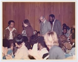 Picture of panelists Sonny Buxton, Lorenzo Tucker, and Roy Thomas with audience