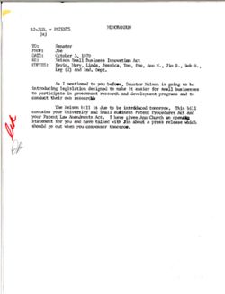 Memo from Joe to Senator re Nelson Small Business Innovation Act, October 3, 1979