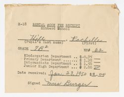 Rental Book Fee Receipt, Hibberd School, January 23, 1950