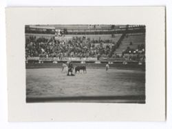 Item 0615. Various shots of bull fight. Long shots of three matadors in ring with bull.