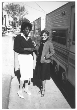Madge Sinclair and Phyllis Klotman outside of Sinclair's trailer