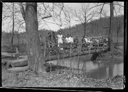 School children on foot bridge, Crooked Creek school