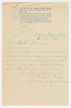 Dranes to E.A. Fearn regarding return to Oklahoma City, July 26, 1928