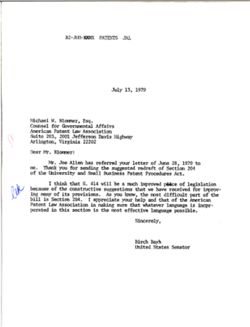 Letter from Birch Bayh to Michael W. Blommer of the American Patent Law Association, July 13, 1979