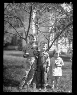 Pryor and Raines children under tree, backyard