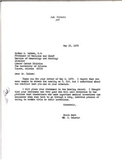 Letter from Birch Bayh to Sydney E. Salmon of the University of Arizona Health Sciences Center, May 29, 1979