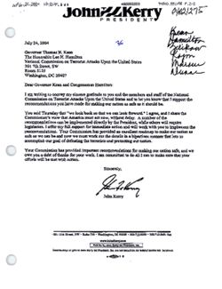 Faxed letter from John Kerry to Thomas H. Kean and Lee H. Hamilton, July 24, 2004