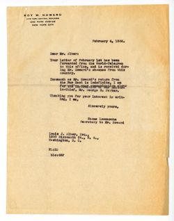 4 February 1936: To: Louis J. Alber. From: Roy W. Howard.