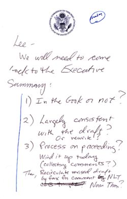 Note from Chris Kojm to Lee Hamilton re executive summary